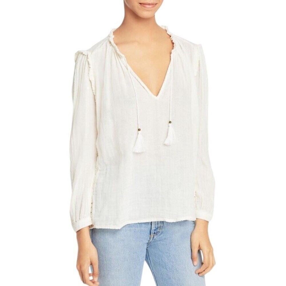 Sundays Summerton Peasant Top Blouse Size 10 Ivory Gauze Tassel V Neck Ruffle
